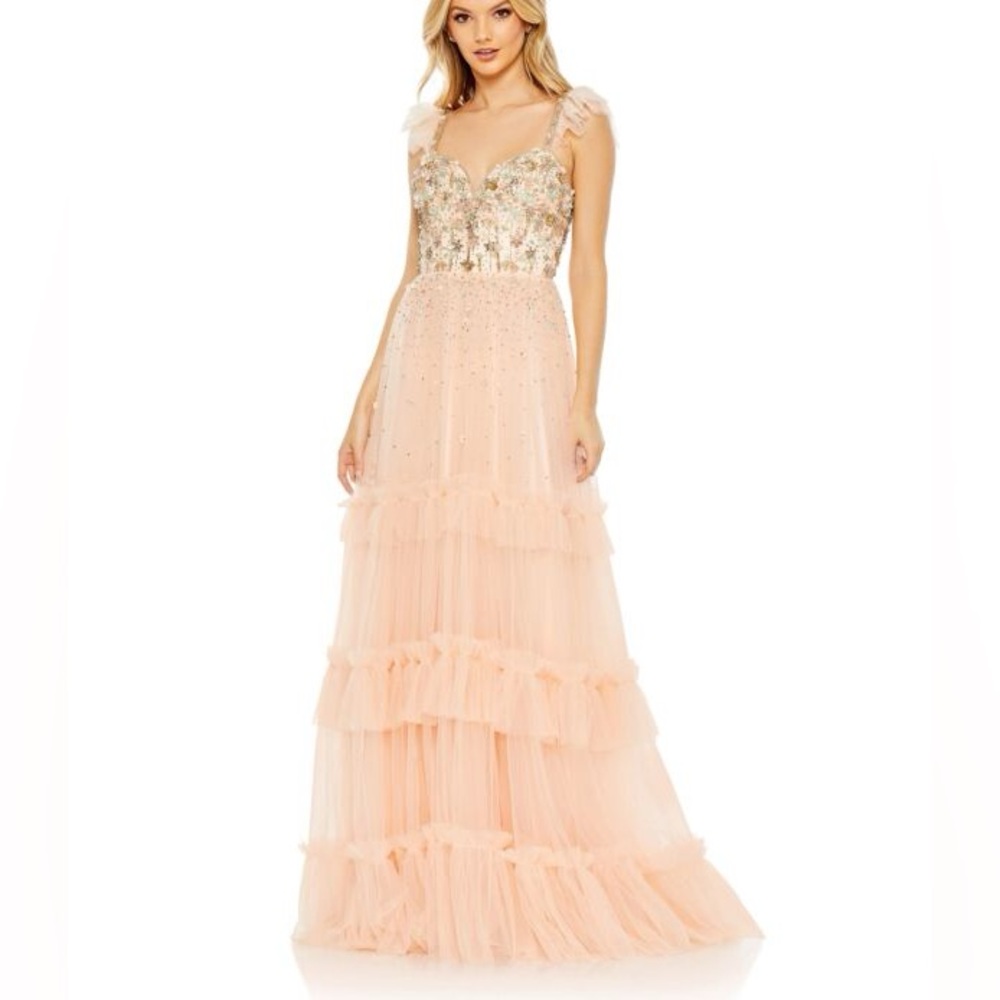 Mac Duggal Pink and Gold Embellished Tiered Gown